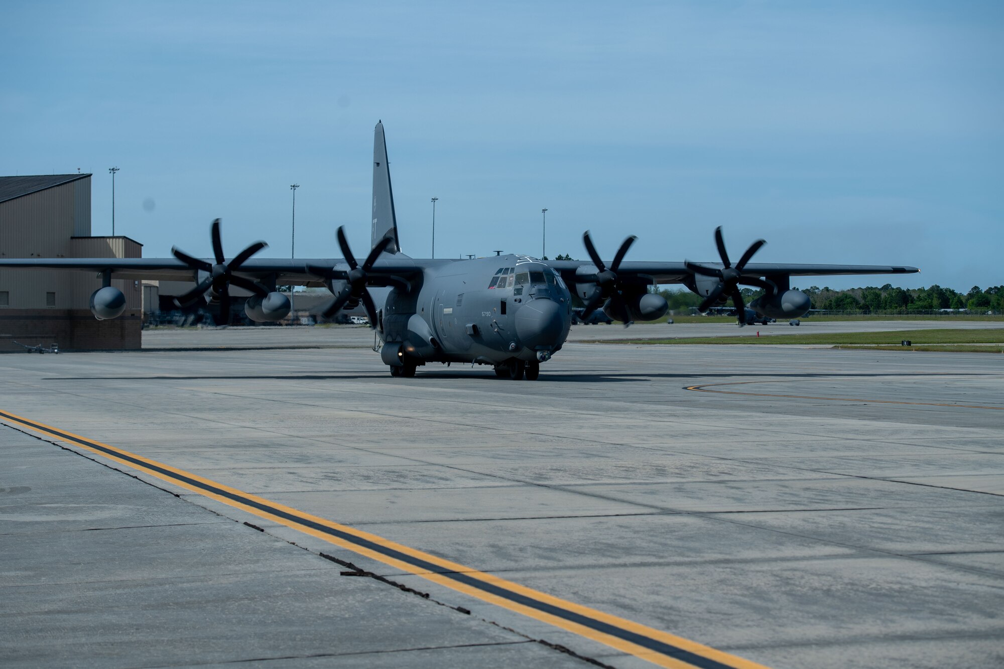 A U.S. Air Force pilot assigned to the 71st Rescue Squadron lands an HC-130J Combat King II in preparation for Exercise Ready Tiger 24-1 at Moody Air Force Base, Georgia, April 8, 2024. The aircraft were used to transport exercise participants to various locations for the Ready Tiger.  (U.S. Air Force photo by Airman Cade Ellis)