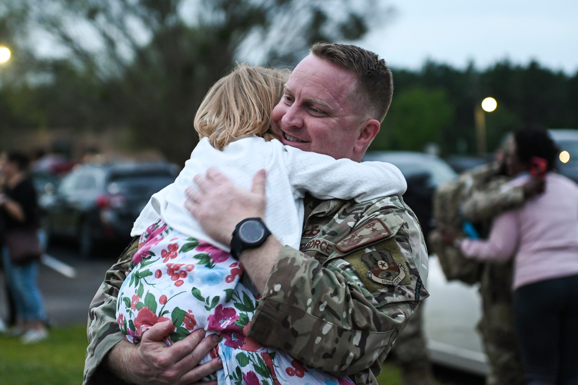 U.S. Airmen assigned to the 169th Fighter Wing, South Carolina Air National Guard, are greeted by family and wing personnel as they return from a six-month deployment to the U.S. Central Command area of responsibility, April 10, 2024. Approximately 150 Swamp Fox Airmen deployed in support of 9th Air Force (Air Forces Central) to the U.S. Central Command area of responsibility, the unit’s first deployment as an expeditionary air base team under the new Air Force Force Generation model. (U.S. Air National Guard photo by Capt. Lisa Allen)