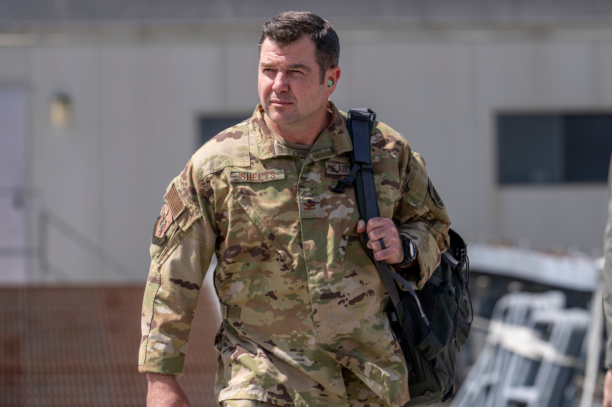 U.S. Air Force Col. Paul Sheets, 23rd Wing commander, prepares to board an HC-130J Combat King II during Exercise Ready Tiger 24-1 from Moody Air Force Base, Georgia, April 10, 2024. Ready Tiger 24-1 is a readiness exercise demonstrating the 23rd Wing’s ability to plan, prepare and execute operations and maintenance to project air power in contested and dispersed locations, defending the United States’ interests and allies. (U.S. Air Force photo by Senior Airman Deanna Muir)