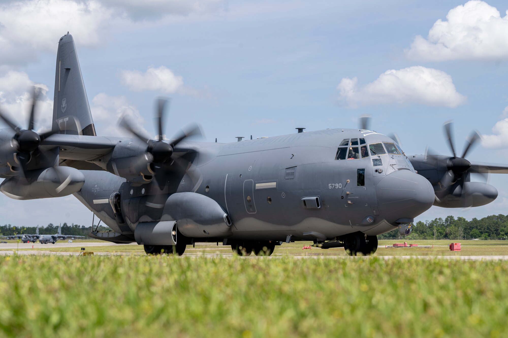 An HC-130J Combat King II arrives to the Deployment Control Center at Moody Air Force Base, Georgia, April 10, 2024. Passenger and cargo were loaded in support of Exercise Ready Tiger 24-1. Ready Tiger 24-1 is a readiness exercise demonstrating the 23rd Wing’s ability to plan, prepare and execute operations and maintenance to project air power in contested and dispersed locations, defending the United States’ interests and allies. (U.S. Air Force photo by Senior Airman Deanna Muir)