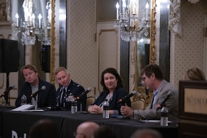 U.S. Space Force Col. Christopher A. Kennedy, Space Delta 6 - Space Access and Cyberspace Operations commander, listens as fellow panelist talk.