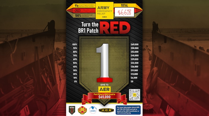 TOTAL RAISED: $6,618

Help turn the BR1 Patch RED!
Fort Riley’s 2024 Goal is $65,000.

91¢ of each $1 goes to Soldiers, Retirees, & their Families

For 2023, Fort Riley Soldiers received over $1 million in assistance.

100% Funded through Donations