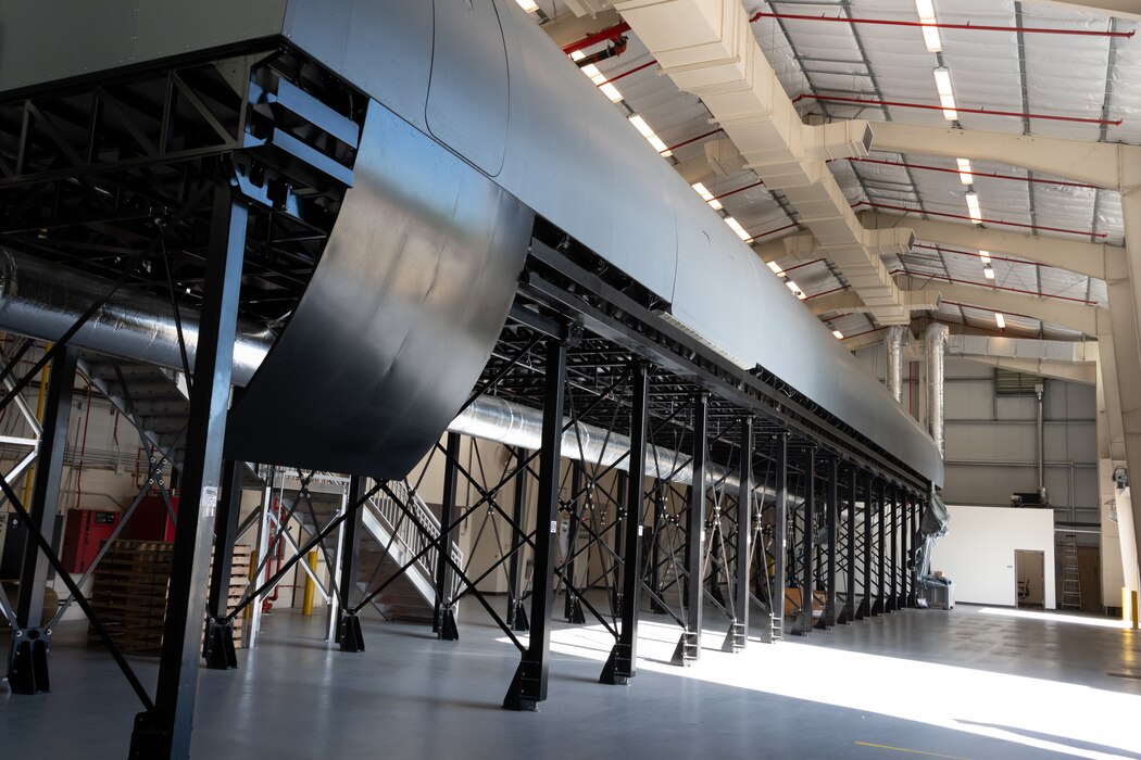 A view of the outside of the KC-46 fuselage simulator.