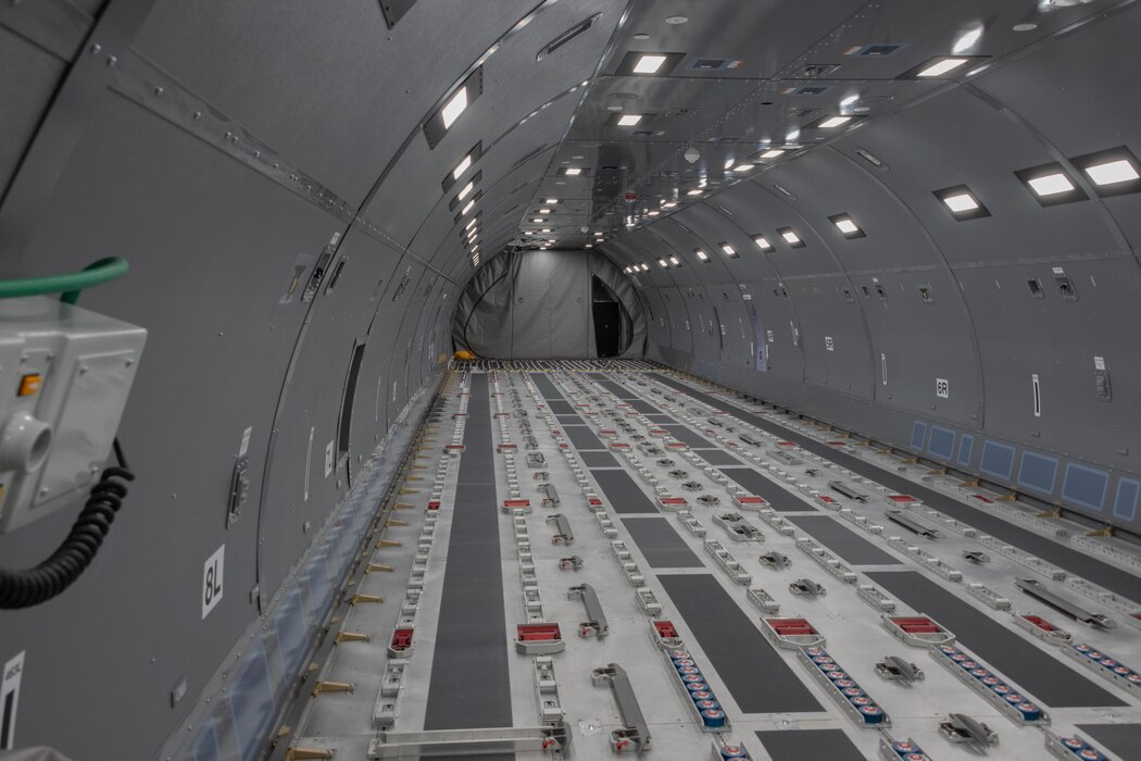 A view of the inside of the KC-46 fuselage simulator.
