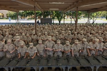 U.S. Marine Corps recruits with Echo Company, 2nd Recruit Training Battalion, receive instructions during their M16A4 service rifle issue at Marine Corps Recruit Depot San Diego, California, April 8, 2024. Recruits were issued their rifles and briefed on responsibilities regarding rifle security, safety and proper handling. (U.S. Marine Corps photo by Cpl. Alexander O. Devereux)