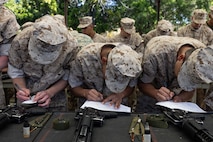 U.S. Marine Corps recruits with Echo Company, 2nd Recruit Training Battalion, sign a weapons issue receipt during their M16A4 service rifle issue at Marine Corps Recruit Depot San Diego, California, April 8, 2024. Recruits were issued their rifles and briefed on responsibilities regarding rifle security, safety and proper handling. (U.S. Marine Corps photo by Cpl. Alexander O. Devereux)