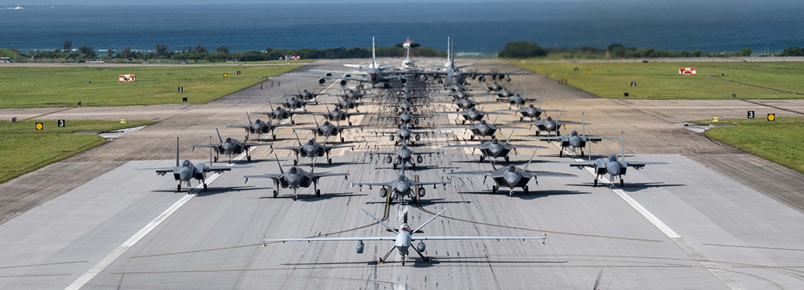 240410-F-AF022-8066 KADENA AIR BASE, Japan (April 10, 2024) U.S. Air Force and Navy aircraft line up on the runway during an elephant walk at Kadena Air Base, Japan, Apr. 10, 2024. Directly after, the aircrew launched into a large force exercise to strengthen their readiness to defend Japan. (U.S. Air Force photo by Airman 1st Class Alexis Redin)