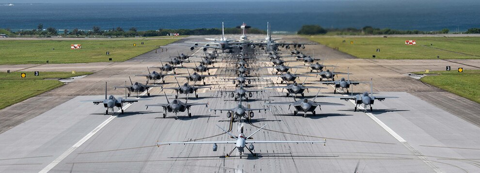 240410-F-AF022-8066 KADENA AIR BASE, Japan (April 10, 2024) U.S. Air Force and Navy aircraft line up on the runway during an elephant walk at Kadena Air Base, Japan, Apr. 10, 2024. Directly after, the aircrew launched into a large force exercise to strengthen their readiness to defend Japan. (U.S. Air Force photo by Airman 1st Class Alexis Redin)