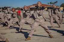 U.S. Marine Corps recruits with Bravo Company, 1st Recruit Training Battalion, practice bayonet techniques prior to the bayonet assault course at Marine Corps Recruit Depot, San Diego, California, April 10, 2024. Bayonet techniques tie into the Marine Corps Martial Arts Program that aims to strengthen the mental and moral resiliency of individual recruits and Marines through realistic combative training, warrior ethos studies, and physical hardening. (U.S. Marine Corps photo by Lance Cpl. Jacob B. Hutchinson)