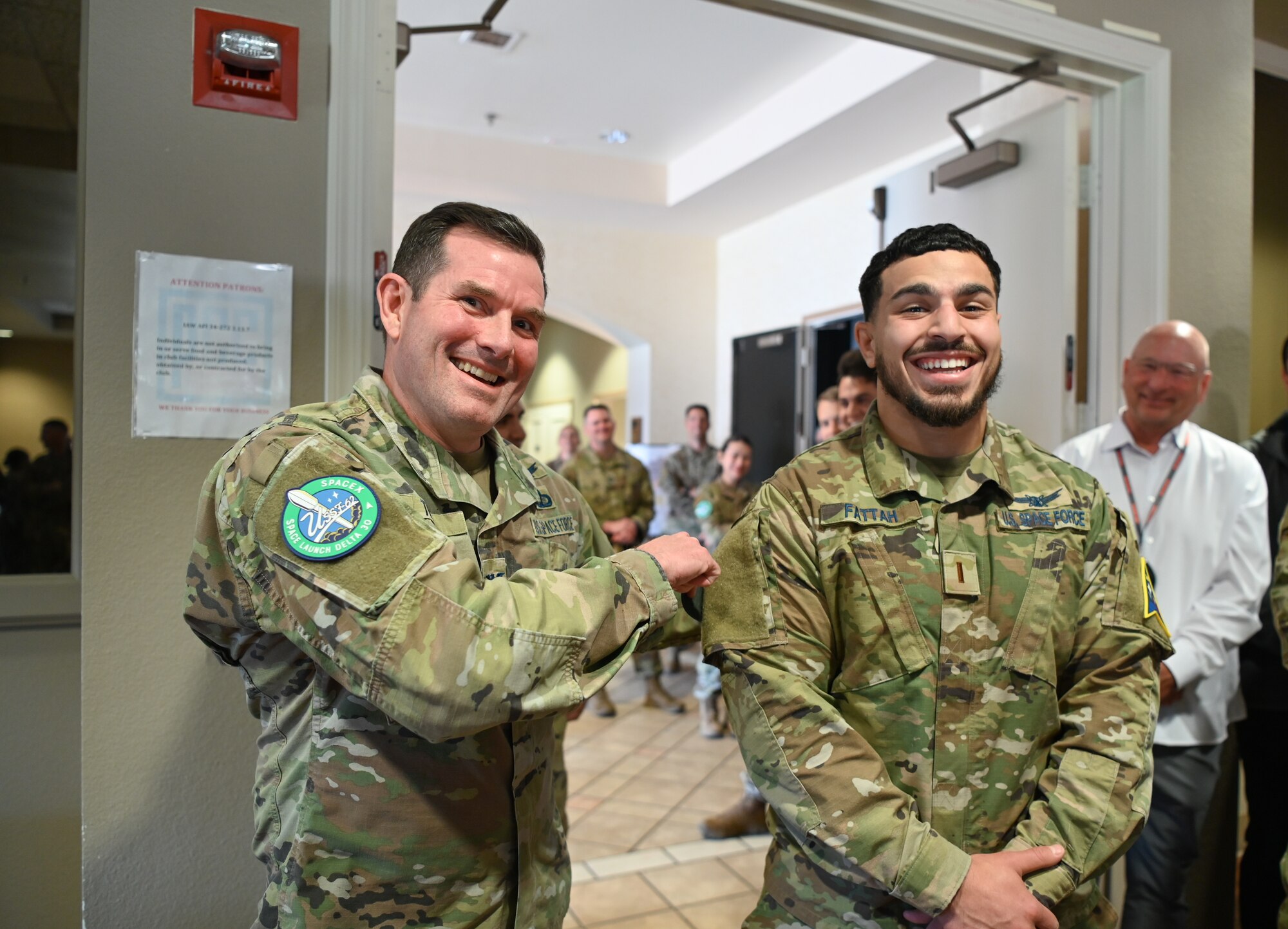 A Space Launch Delta 30 vice commander and 2nd Range Operations commander, pose for a photo during a patching ceremony for USSF-62 at Vandenberg Space Force Base.