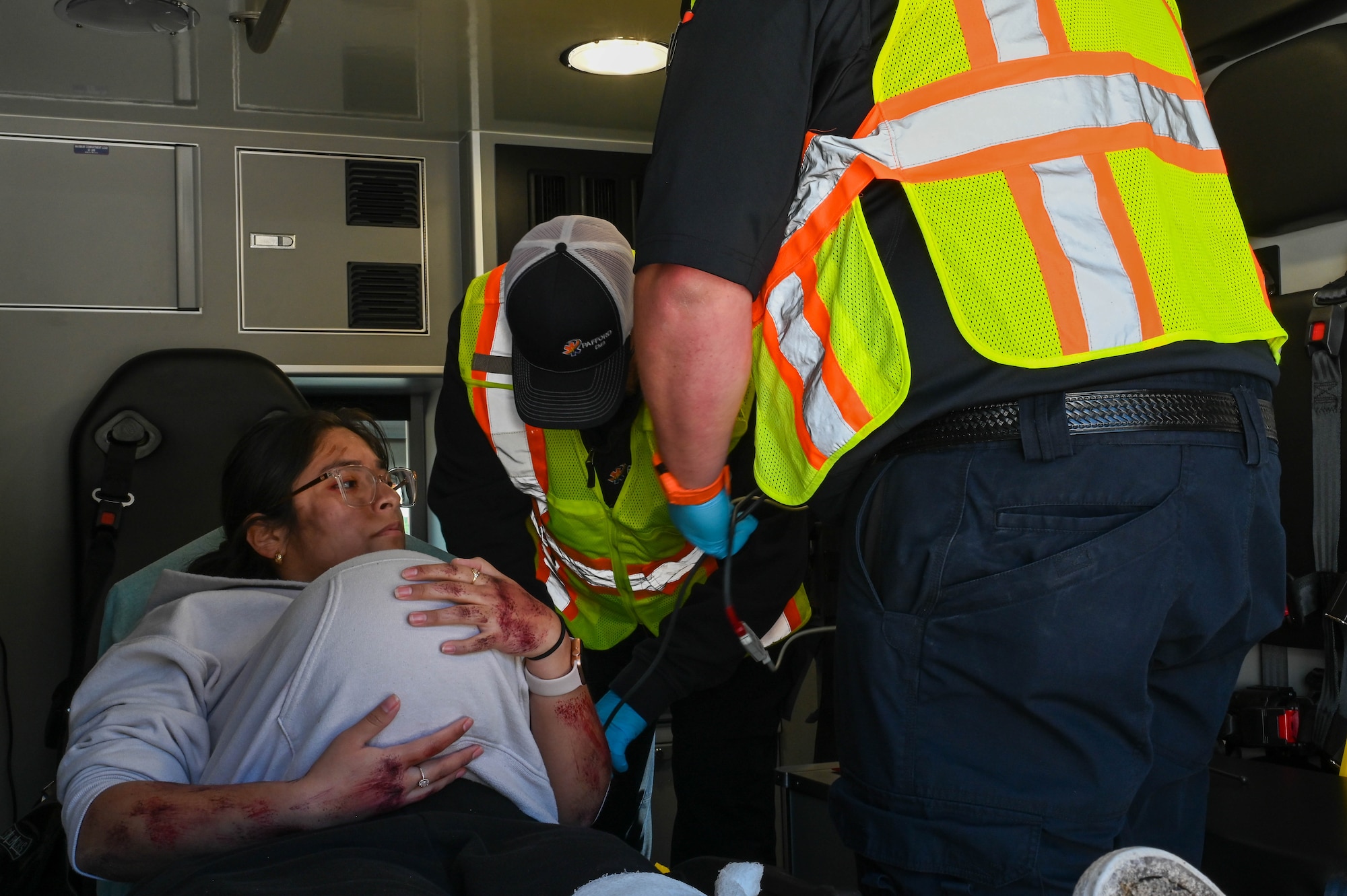 Members from Pafford Emergency Services render aid to a simulated victim during a disaster exercise at Gulfport-Biloxi International Airport, Gulfport, Mississippi, March 28, 2024.