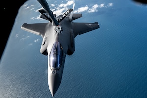 A U.S. Air Force F-35 Lightning II from the 48th Fighter Wing, Royal Air Force Lakenheath, England, receives fuel from a KC-135 Stratotanker from the 100th Air Refueling Wing, RAF Mildenhall, England, during aerial refueling operations over the North Sea, April 10, 2024.