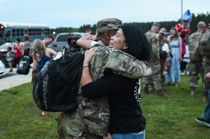 U.S. Airmen assigned to the 169th Fighter Wing, South Carolina Air National Guard, are greeted by family and wing personnel as they return from a six-month deployment to the U.S. Central Command area of responsibility April 10, 2024. Approximately 150 Swamp Fox Airmen deployed in support of 9th Air Force (Air Forces Central) to the U.S. Central Command area of responsibility, the unit’s first deployment as an expeditionary air base team under the new Air Force Force Generation model.