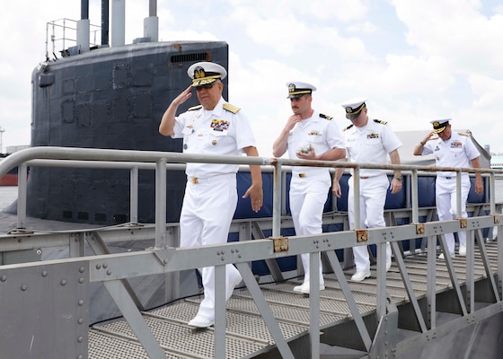 U.S., allied and partner nation submarine force commanders depart after a tour aboard the Virginia-class fast-attack submarine USS Delaware (SSN 791) during the third annual Submarine Conference of the Americas (SCOTA) at Fort Lauderdale, Florida, April 3, 2024.