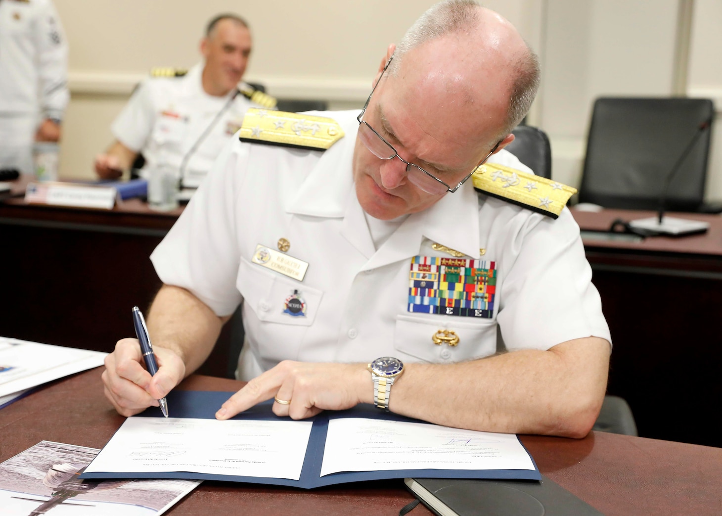 Vice Adm. Rob Gaucher, commander, Submarine Forces, signs a record of discussion during the third annual Submarine Conference of the Americas (SCOTA) at U.S. Southern Command in Miami, Florida, April 5, 2024.