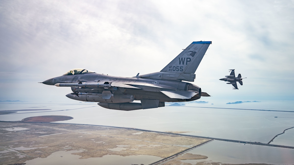 Two F-16 Fighting Falcons from the 35th Fighter Squadron fly over South Korea’s southern coast, April 2, 2024. The 35th FS, assigned to Kunsan Air Base, delivers airpower and showcases the United States’ commitment to the alliances and stability in the U.S. Indo-Pacific Command area of responsibility. (U.S. Air Force photo by Senior Airman Karla Parra)