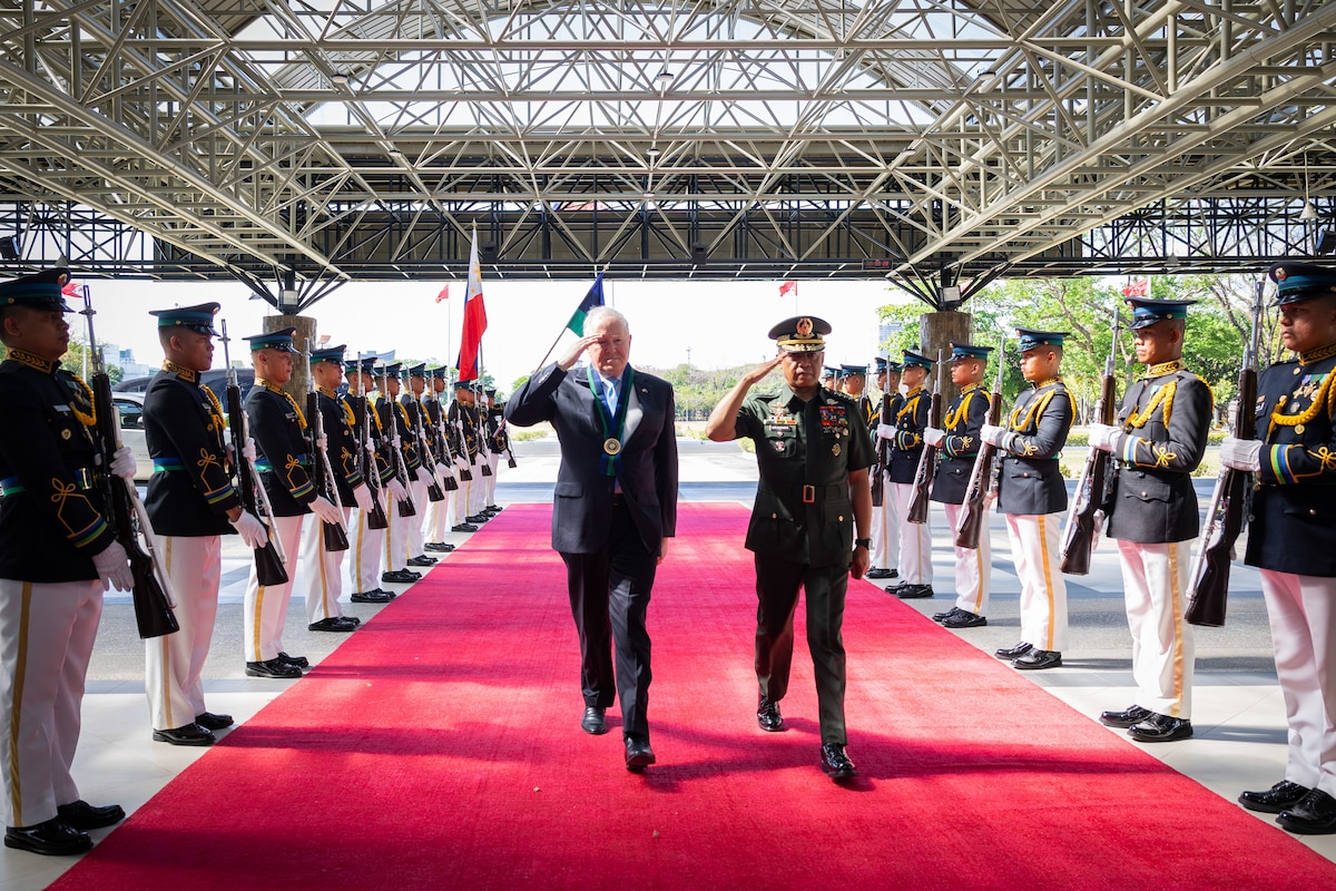 Secretary of the Air Force Frank Kendall and Armed Forces of the Philippines Chief of Staff Gen. Romeo Brawner walk together during a reception ceremony in Manila, Philippines, April 5, 2024. Kendall was joined by Air Force Chief of Staff Gen. David Allvin and Chief Master Sgt. of the Air Force David Flosi to meet with Philippine military and security partners during a trip to the Indo-Pacific region. (U.S. Department of State photo by Maika Gladys Torres)