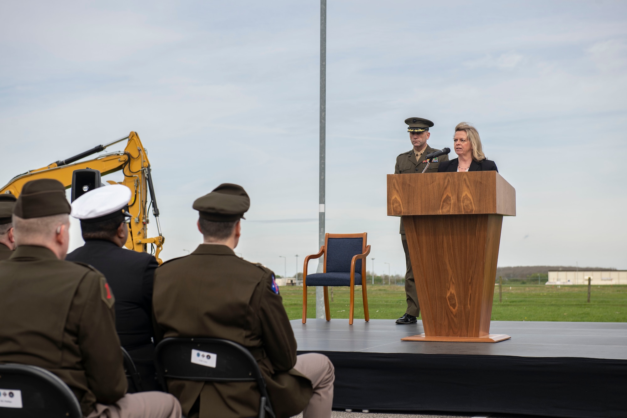 Suzanne White, Defense Intelligence Agency deputy director, speaks at the Joint Intelligence Analysis Complex groundbreaking ceremony at RAF Molesworth