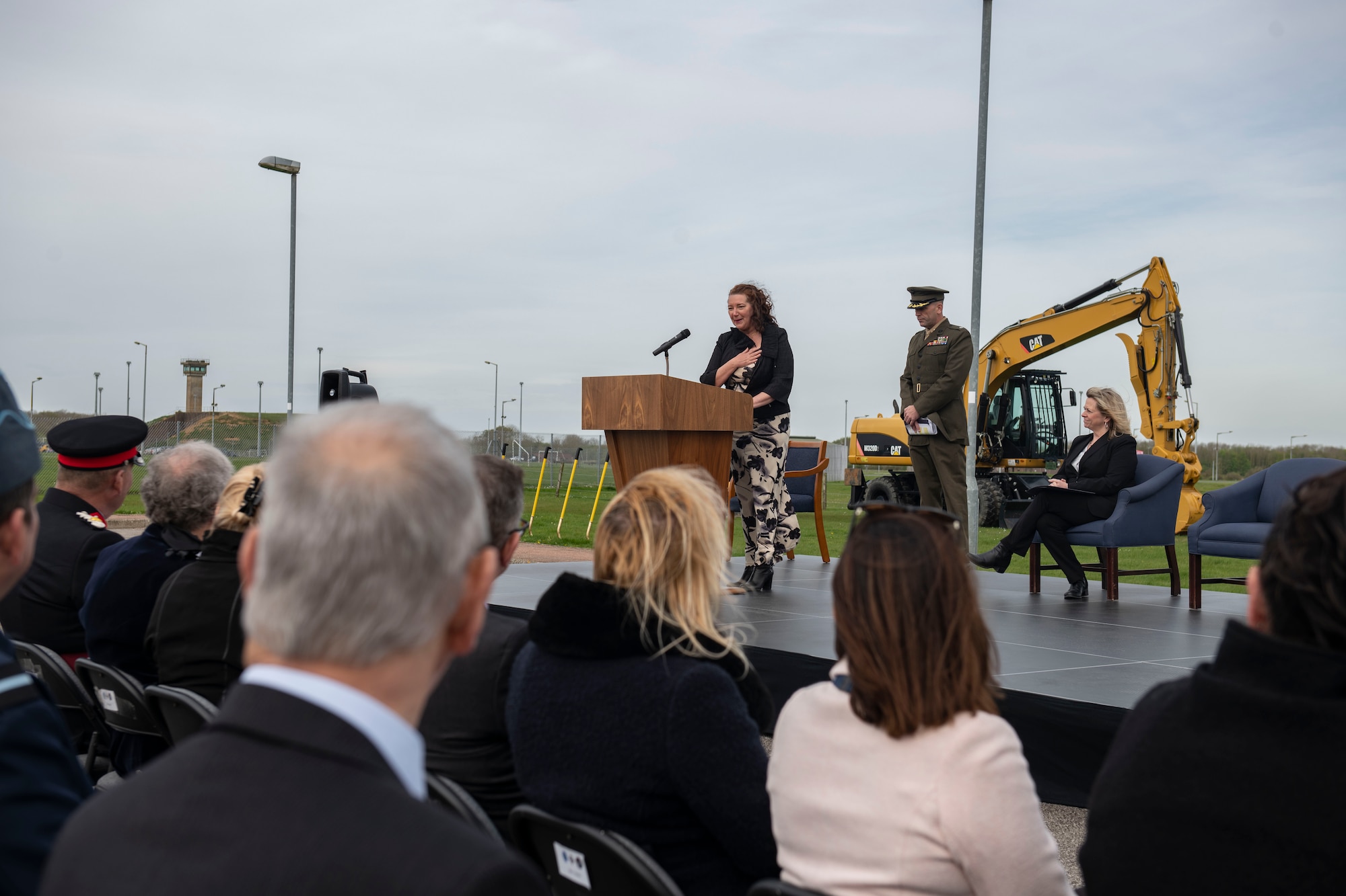 Sheireen Dunlap, United States European Command vice director of Intelligence, speaks at the Joint Intelligence Analysis Complex groundbreaking ceremony at RAF Molesworth