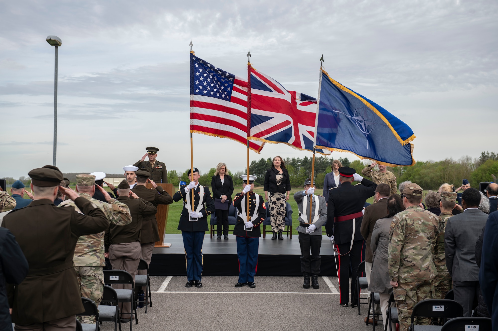 Honor guard members present the colors for the Joint Intelligence Analysis Complex groundbreaking ceremony at RAF Molesworth