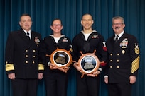 WASHINGTON (April 11, 2024) Vice Adm. James P. Downey, commander, Naval Sea Systems Command (NAVSEA) (left) announced Hull Technician 1st Class Jennifer Schleuning from Southeast Regional Maintenance Center, Jacksonville, Fla. (second from left) and Machinist Mate 1st Class Matthew Lipscomb from Puget Sound Naval Shipyard, Everett, Wash. (second from right) NAVSEA Sailor of the Year (SOY) for the active duty and reservist categories. NAVSEA’s senior enlisted Sailor Command Master Chief Blake G. Schimmel (right).
 
As NAVSEA’s top enlisted Sailors Schleuning and Lipscomb will now compete for the Navy’s highest enlisted awards, Chief of Naval Operations Shore and Reserve SOY.
 
NAVSEA is the largest of the US Navy's six systems commands. With a force of nearly 87,000 civilian and military personnel, NAVSEA engineers, builds, buys and maintains the Navy's ships and submarines and their combat systems