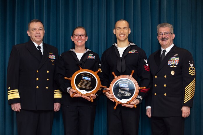 WASHINGTON (April 11, 2024) Vice Adm. James P. Downey, commander, Naval Sea Systems Command (NAVSEA) (left) announced Hull Technician 1st Class Jennifer Schleuning from Southeast Regional Maintenance Center, Jacksonville, Fla. (second from left) and Machinist Mate 1st Class Matthew Lipscomb from Puget Sound Naval Shipyard, Everett, Wash. (second from right) NAVSEA Sailor of the Year (SOY) for the active duty and reservist categories. NAVSEA’s senior enlisted Sailor Command Master Chief Blake G. Schimmel (right).
 
As NAVSEA’s top enlisted Sailors Schleuning and Lipscomb will now compete for the Navy’s highest enlisted awards, Chief of Naval Operations Shore and Reserve SOY.
 
NAVSEA is the largest of the US Navy's six systems commands. With a force of nearly 87,000 civilian and military personnel, NAVSEA engineers, builds, buys and maintains the Navy's ships and submarines and their combat systems