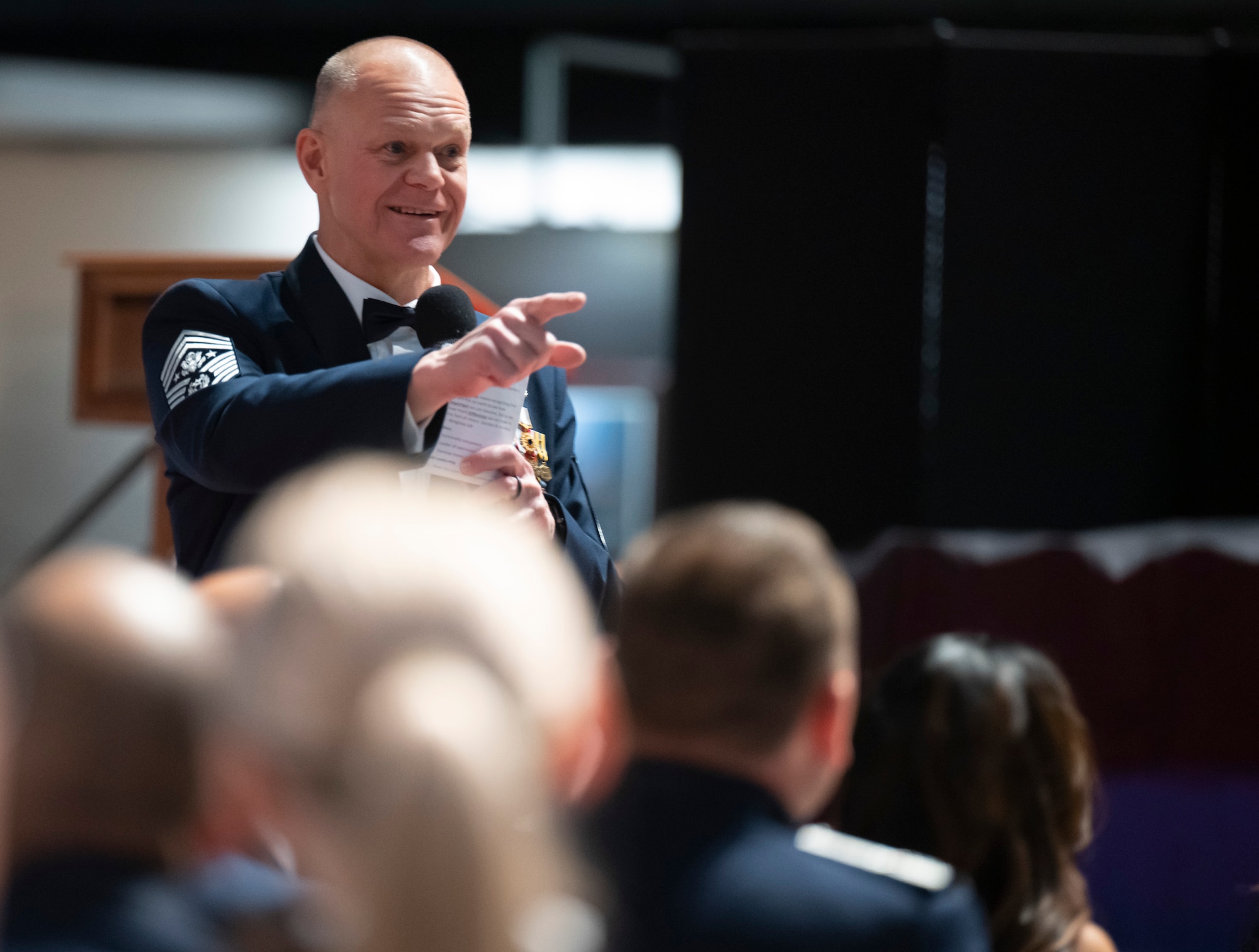 Retired Chief Master Sgt. of the Air Force James Roy speaks during the Wright-Patterson Air Force Base, Ohio, chief recognition ceremony April 5, 2024, at the National Museum of the U.S. Air Force. Roy told the new chiefs they must empower junior Airmen for the positions they are appointed to. (U.S. Air Force photo by R.J. Oriez)