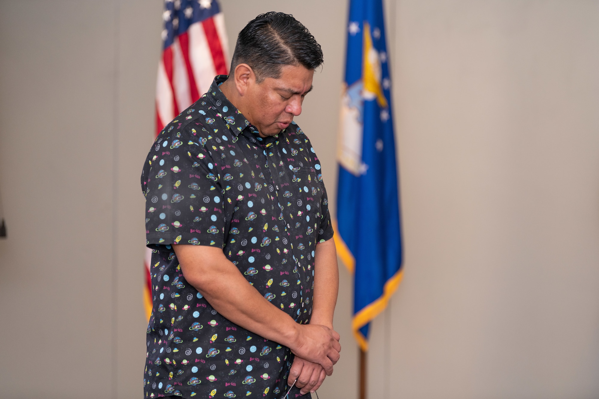 Delvin Johnson, Alabama-Coushatta Tribe of Texas tribal representative, offers a blessing in his mother’s native language from the Coushatta tribe during 2024 Tribal Consultation, March 6 at the Gossick Leadership Center, at Arnold Air Force Base, Tenn. (U.S. Air Force photo by Keith Thornburgh)