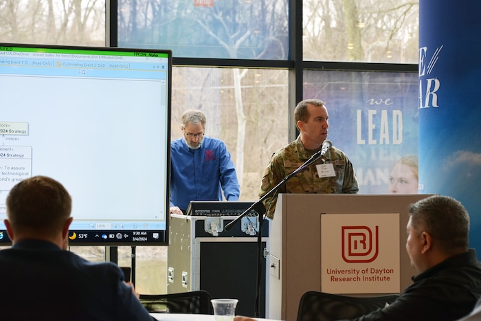 As part of the AFIT keynote, Maj. Jeffery King, instructor of systems engineering at AFIT’s School of Systems and Logistics, discussed the school’s professional continuing education offerings focused on enabling integrated product teams to transition from a document-based environment to a model-based environment.
