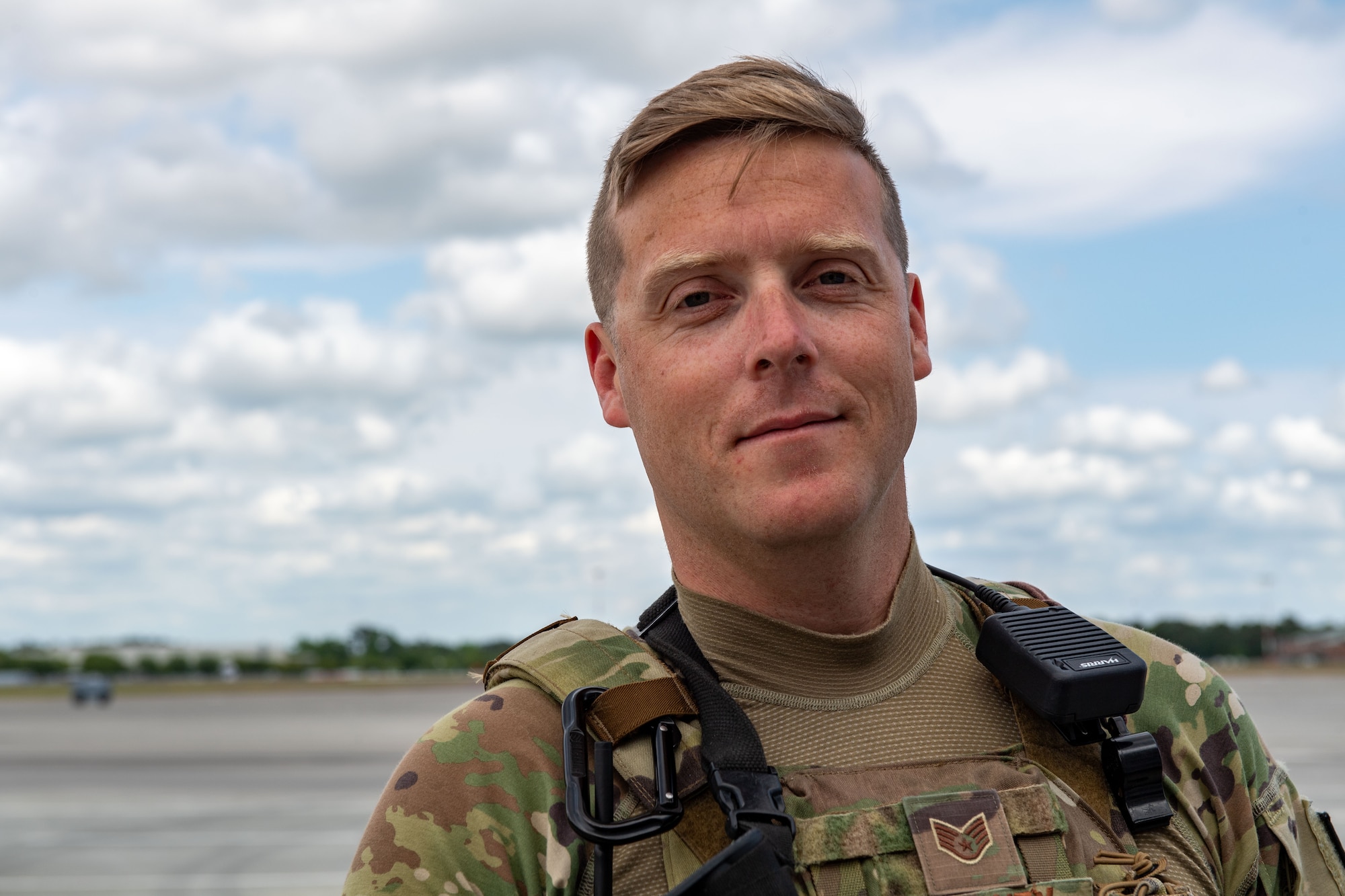 U.S. Air Force Staff Sgt. Samuel Whitney, 23rd Security Forces Squadron noncommissioned officer in charge of training, poses for a photo during Exercise Ready Tiger 24-1 at the Savannah Air National Guard Base, Georgia, April 9, 2024. During Ready Tiger 24-1, exercise inspectors will assess the 23rd Wing's proficiency in employing decentralized command and control to fulfill air tasking orders across geographically dispersed areas amid communication challenges, integrating Agile Combat Employment principles such as integrated combat turns, forward aerial refueling points, multi-capable Airmen, and combat search and rescue capabilities. (U.S. Air Force photo by Senior Airman Courtney Sebastianelli)