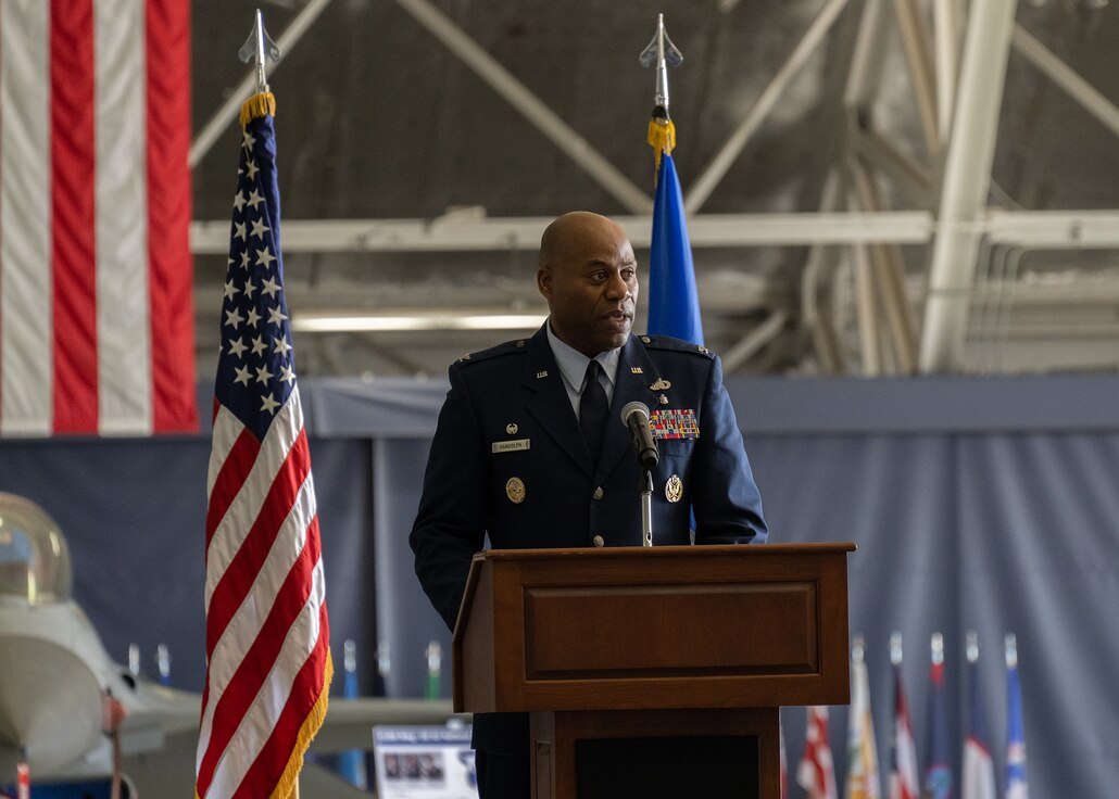 U.S. Air Force Col. Todd E. Randolph, 316th Wing and installation commander, gives the opening remarks at the third annual Joint Base Andrews State of the Base Address, April 10, 2024.