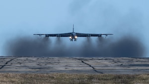 A U.S. Air Force B-52H Stratofortress assigned to 96th Bomb Squadron, Barksdale Air Force Base, Louisiana, takes off during Prairie Vigilance 24-3 at Minot Air Force Base, North Dakota, April 12, 2024. Prairie Vigilance serves to assure allies and partners that the U.S. is ready to execute nuclear operations and global strike anytime, anywhere, in order to deter and, if necessary, respond to strategic attack. (U.S. Air Force photo by Airman 1st Class Kyle Wilson)