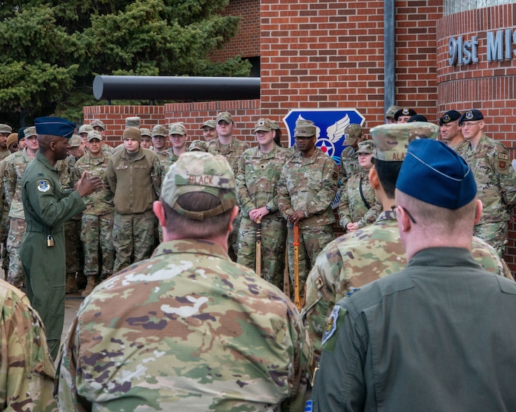 U.S. Air Force Col. Kenneth McGhee, 91st Missile Wing commander, speaks to members of the 91st Missile Wing upon his return from his final alert at Missile Alert Facility Golf-01 at Minot Air Force Base, North Dakota, April 10, 2024. McGhee has been the 91st Missile Wing commander since June 2022. (U.S. Air Force photo by Senior Airman Evan Lichtenhan)