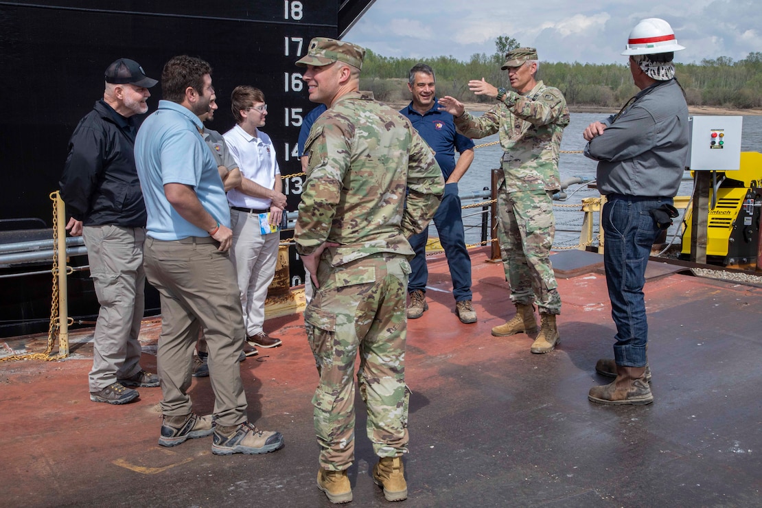 The  U.S. Army Corps of Engineers, Memphis District, christened its new dry dock during a ceremony held at Ensley Engineer Yard, April 2, 2024.

The dry dock was named after Billy Manley, who worked as the yards and docks chief for the district until his passing in 2020. 

More than 80 people attended the christening, including several members of Manley's family, his friends, and district employees. In keeping with USACE tradition, Manley's wife, Teresa Manley, conducted the act of christening and District Commander Col. Brian Sawser directed it to service to the current chief of yards and docks, Dennis Lewis.

The Dry Dock Manley was constructed at Conrad Shipyard in Morgan City, Louisiana, before arriving at Ensley Engineer Yard on December 15, 2023. It is 168 feet long, has a 77-foot beam, a draft of 4.5 feet, and a lifting capacity of 1000 tons.