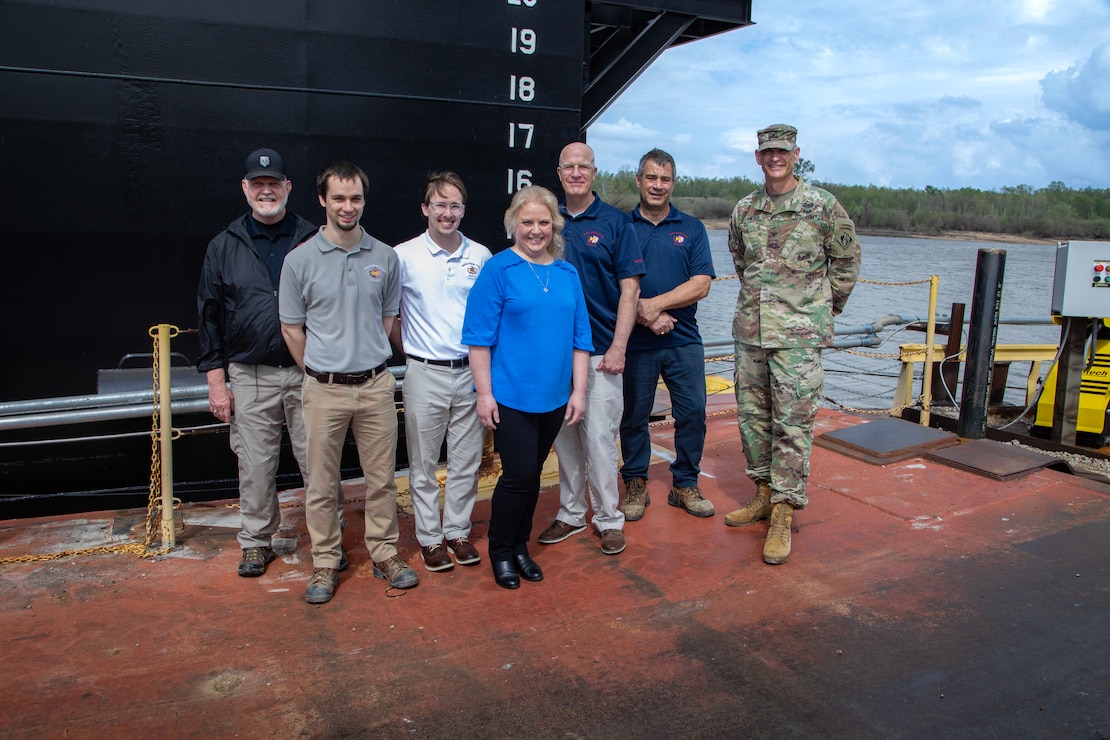 The  U.S. Army Corps of Engineers, Memphis District, christened its new dry dock during a ceremony held at Ensley Engineer Yard, April 2, 2024.

The dry dock was named after Billy Manley, who worked as the yards and docks chief for the district until his passing in 2020. 

More than 80 people attended the christening, including several members of Manley's family, his friends, and district employees. In keeping with USACE tradition, Manley's wife, Teresa Manley, conducted the act of christening and District Commander Col. Brian Sawser directed it to service to the current chief of yards and docks, Dennis Lewis.

The Dry Dock Manley was constructed at Conrad Shipyard in Morgan City, Louisiana, before arriving at Ensley Engineer Yard on December 15, 2023. It is 168 feet long, has a 77-foot beam, a draft of 4.5 feet, and a lifting capacity of 1000 tons.