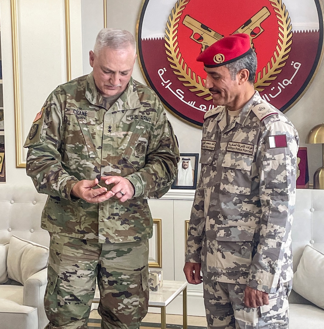 Maj. Gen. Bill Crane, Adjutant General of the West Virginia National Guard, poses for a photo with Maj. Gen. Rashid Al-Hajri, Commander of the Qatar Military Police Force in Doha, Qatar, in late February 2024. The visit was part of a key leader engagement through the National Guard Bureau’s State Partnership Program (SPP). Qatar and West Virginia have been SPP partners since 2018. (Courtesy Photo)