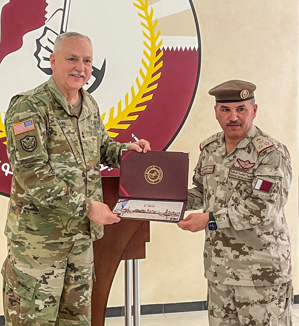Maj. Gen. Bill Crane, Adjutant General of the West Virginia National Guard, poses for a photo with Maj. Gen. Hamad Al-Naimi, President of the Qatar National Service Academy in Doha, Qatar, in late February 2024. The visit was part of a key leader engagement through the National Guard Bureau’s State Partnership Program (SPP). Qatar and West Virginia have been SPP partners since 2018. (Courtesy Photo)