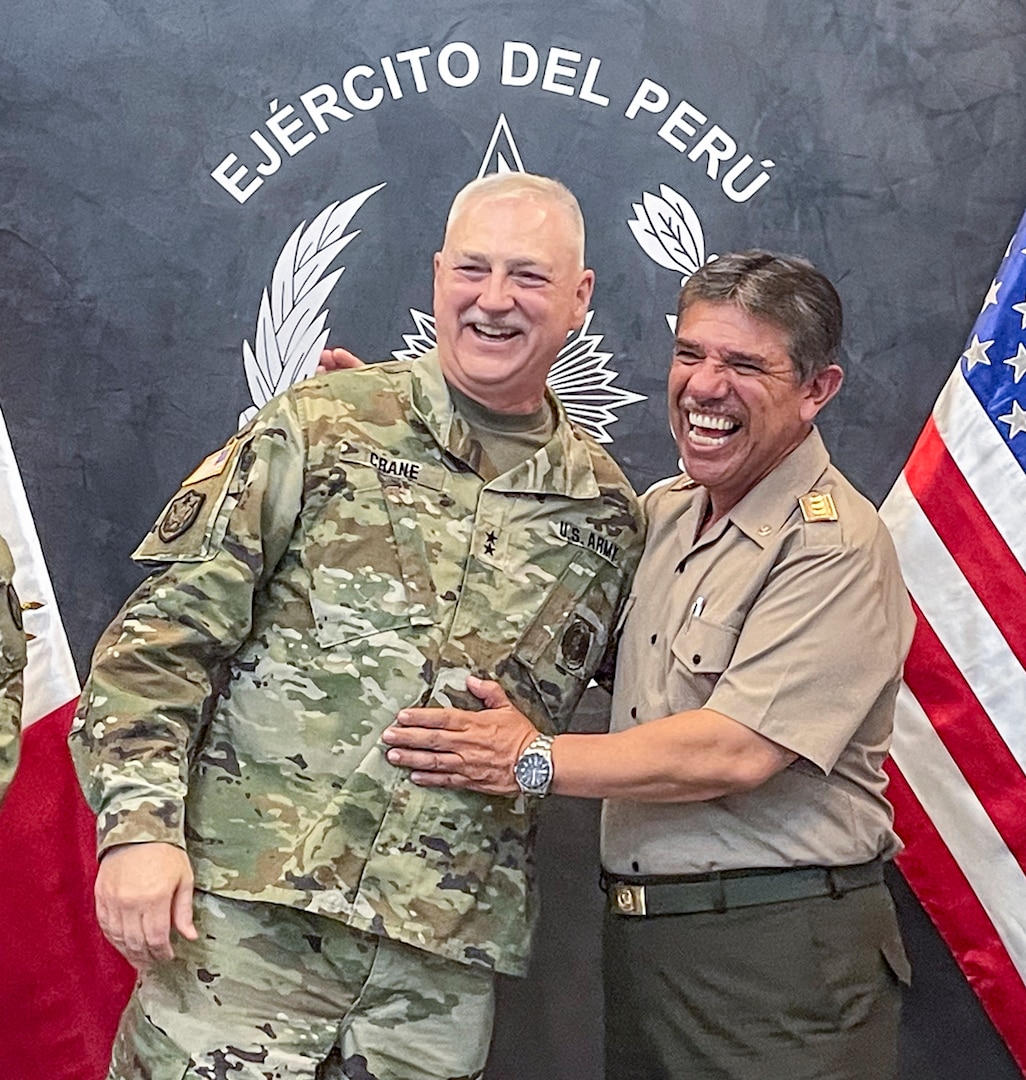 Maj. Gen. Bill Crane, Adjutant General of the West Virginia National Guard, shares a moment of laughter with Gen. Orestes Vargas, Peruvian Army Chief of Staff in Lima, Peru, in late March 2024. The visit was part of a key leader engagement through the National Guard Bureau’s State Partnership Program (SPP). Peru and West Virginia have been SPP partners since 1996. (Courtesy Photo)