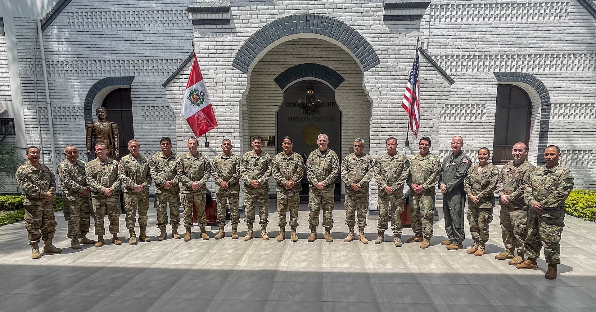 Maj. Gen. Bill Crane, Adjutant General of the West Virginia National Guard, and members of the WVNG senior leadership, pose for a photo with members of  the U.S. Embassy Military team and Gen. Carlos Rabanal, Peruvian Deputy Commander for the Chief of Defense, at the Peruvian Joint Command in Lima, Peru, in late March, 2024. (Courtesy Photo)