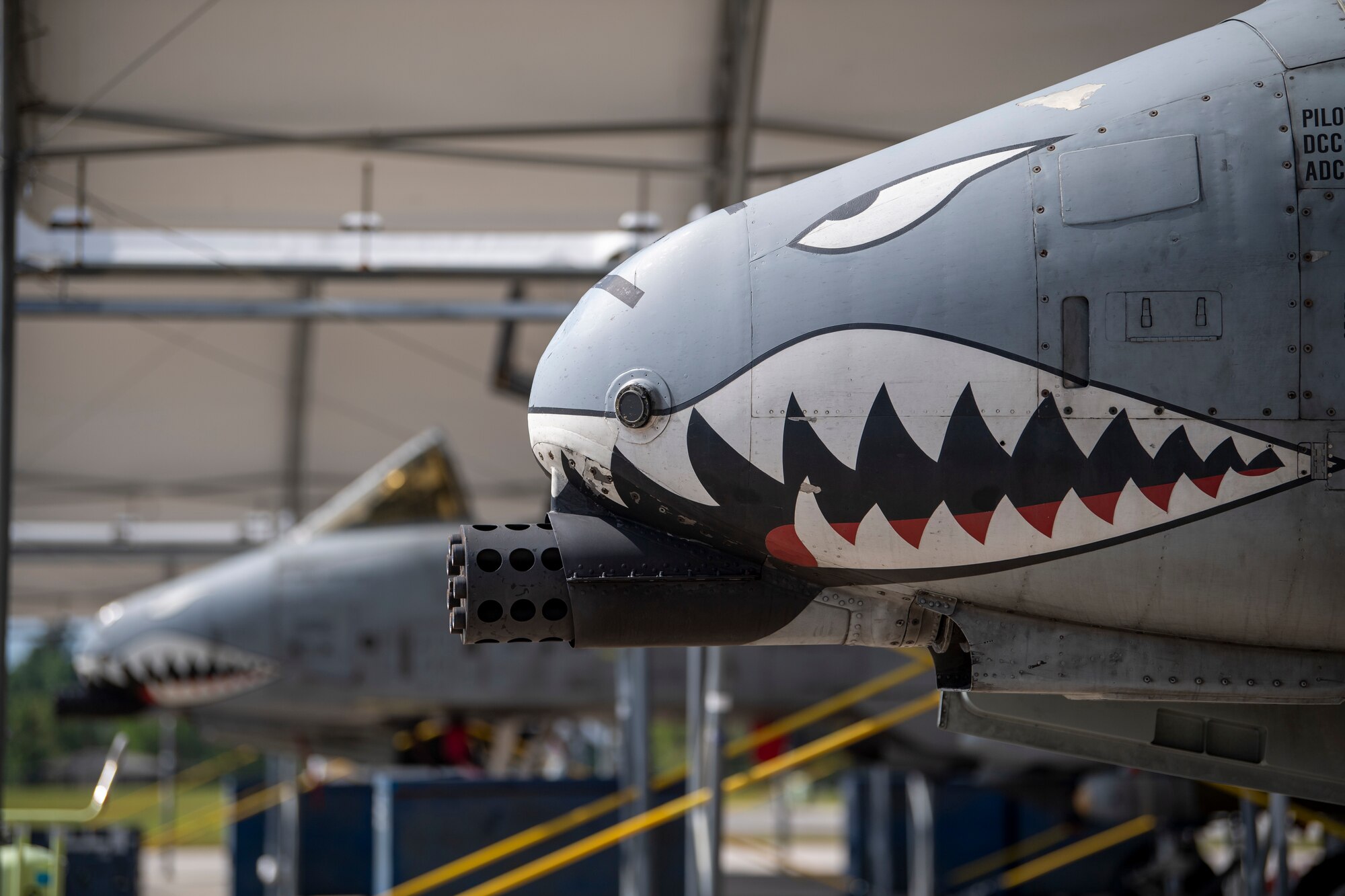 Multiple A-10C Thunderbolt II aircraft sit in preparation for take-off during Exercise Ready Tiger 24-1 at Moody Air Force Base, Georgia, April 9, 2024. A-10C aircraft have excellent manoeuvrability at low airspeeds and altitude and are highly accurate weapons-delivery platforms. They can loiter near battle areas for extended periods and operate under 1,000-foot ceilings with 1.5-mile visibility. Their wide combat radius and short take-off and landing capability permit operations in and out of locations near front lines.  (U.S. Air Force photo by 2nd Lt. Benjamin Williams)