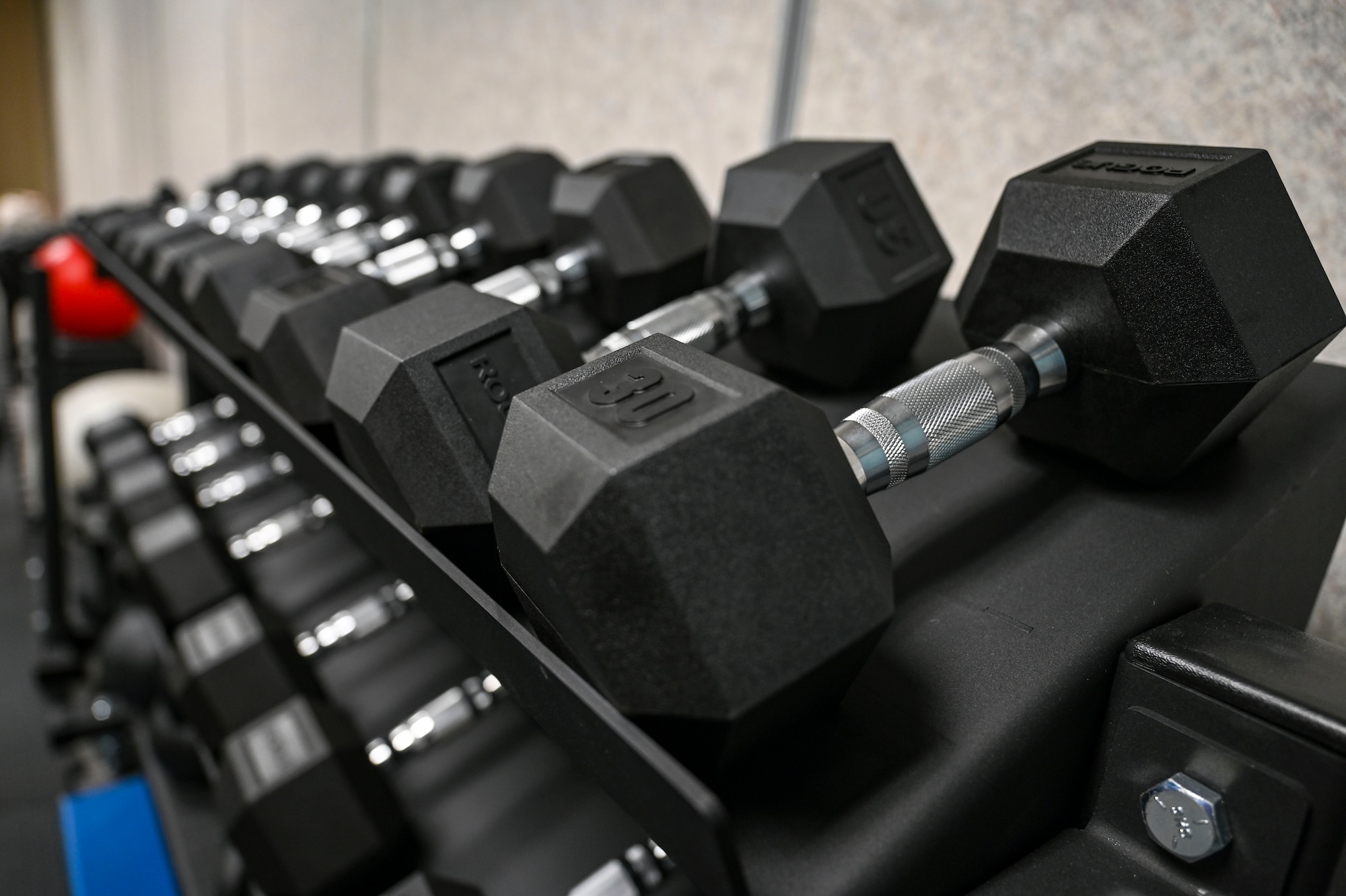 A dumbbell rack is shown
