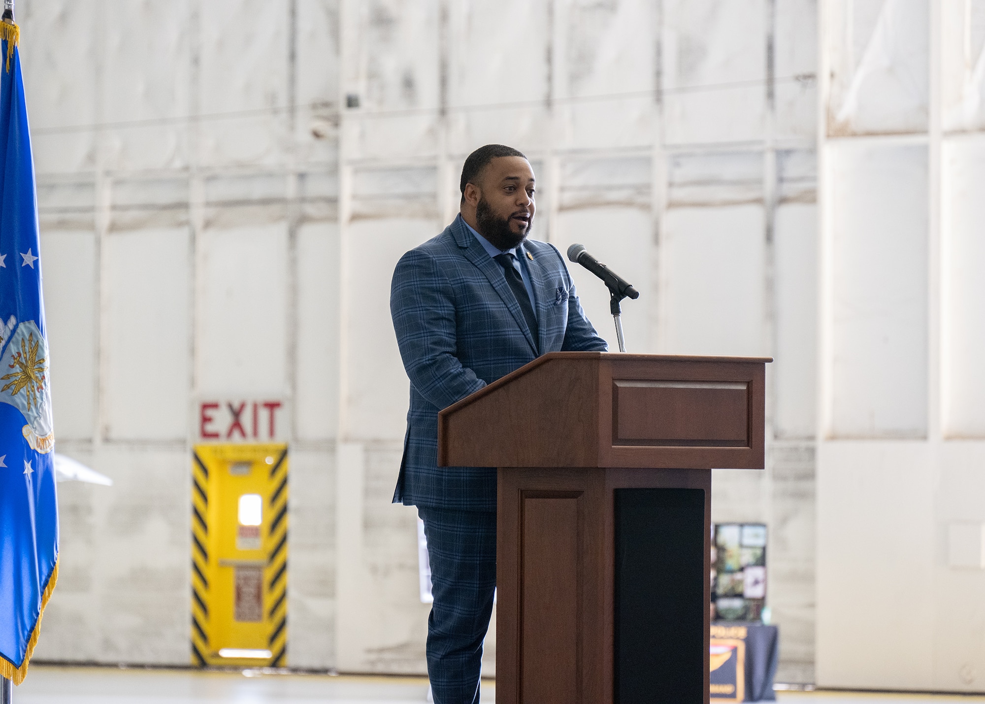 Maryland State Sen. Nick Charles, District 25 and Prince George’s County representative, gives his remarks at the third annual Joint Base Andrews State of the Base Address, April 10, 2024.