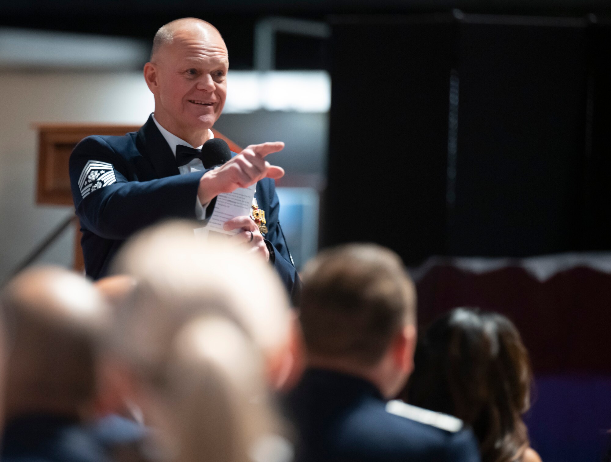 Retired Chief Master Sgt. of the Air Force James Roy speaks during the Wright-Patterson Air Force Base, Ohio, chief recognition ceremony April 5, 2024, at the National Museum of the U.S. Air Force. Roy told the new chiefs they must empower junior Airmen for the positions they are appointed to. (U.S. Air Force photo by R.J. Oriez)