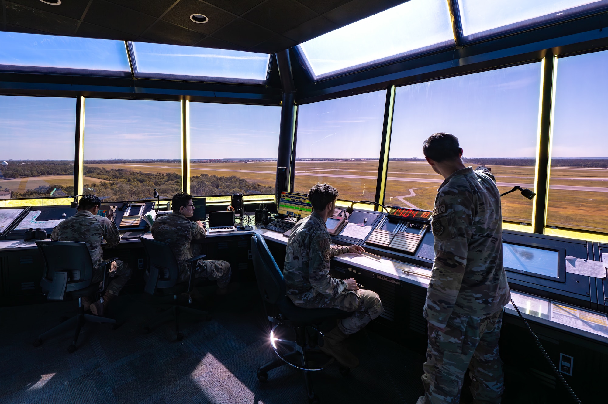 U.S. Air Force Air Traffic Controllers assigned to the 6th Operation Control Squadron work at MacDill Air Force Base, Florida, April. 8, 2024.