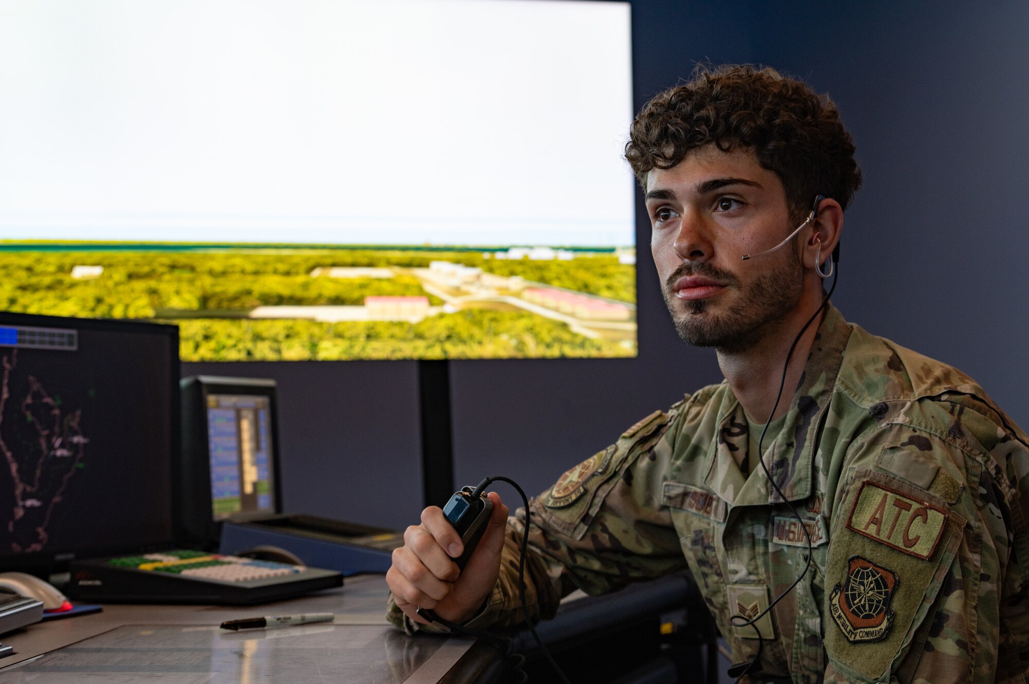 U.S. Air Force Senior Airman Jantzen Scott, 6th Operation Support Squadron air traffic control trainer, participates in an ATC simulation at MacDill Air Force Base, Florida, April. 8, 2024.