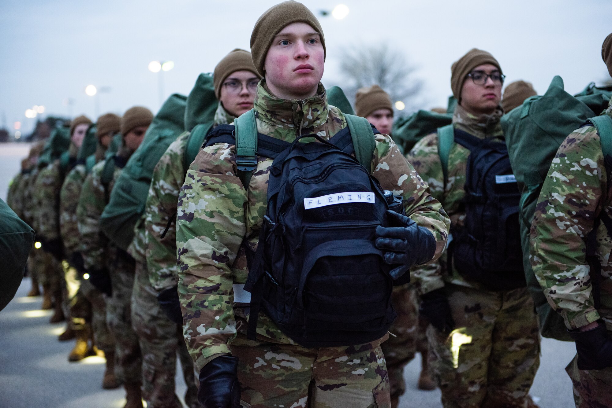 Basic Military Training trainees assigned to the 323rd Training Squadron, Joint Base San Antonio-Lackland, Texas, complete culminating events during Operation First Flight, day five of Zero Week on Jan. 20, 2024. Zero Week is the first five days of BMT where Military Training Instructors have the opportunity to optimize instruction before trainees are assigned to their BMT squadron. Zero Week serves as a deliberate process that not only assesses the initial competency and readiness of trainees but equips them with the essential tools needed to excel throughout their BMT journey.  (U.S. Air Force photo by Jonathan Cotto)