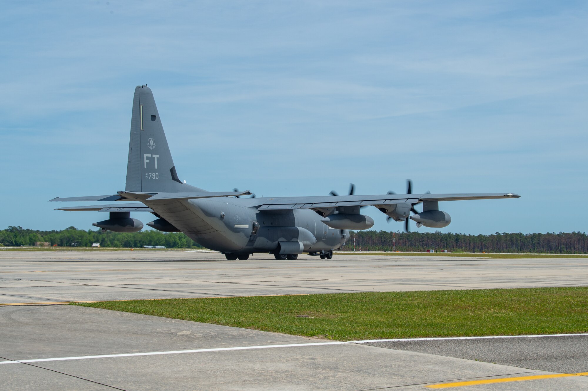 A U.S. Air Force HC-130J Combat King II assigned to the 71st Rescue Squadron prepares to take to the skies in support of Exercise Ready Tiger 24-1 at Moody Air Force Base, Georgia, April 8, 2024. The 71st Rescue Squadron played a vital role in the exercise as they transported personnel and equipment to the various exercise locations. Built upon Air Combat Command's directive to assert air power in contested environments, Exercise Ready Tiger 24-1 aims to test and enhance the 23rd Wing’s proficiency in executing Lead Wing and Expeditionary Air Base concepts through Agile Combat Employment and command and control operations. (U.S. Air Force photo by Airman 1st Class Iain Stanley)