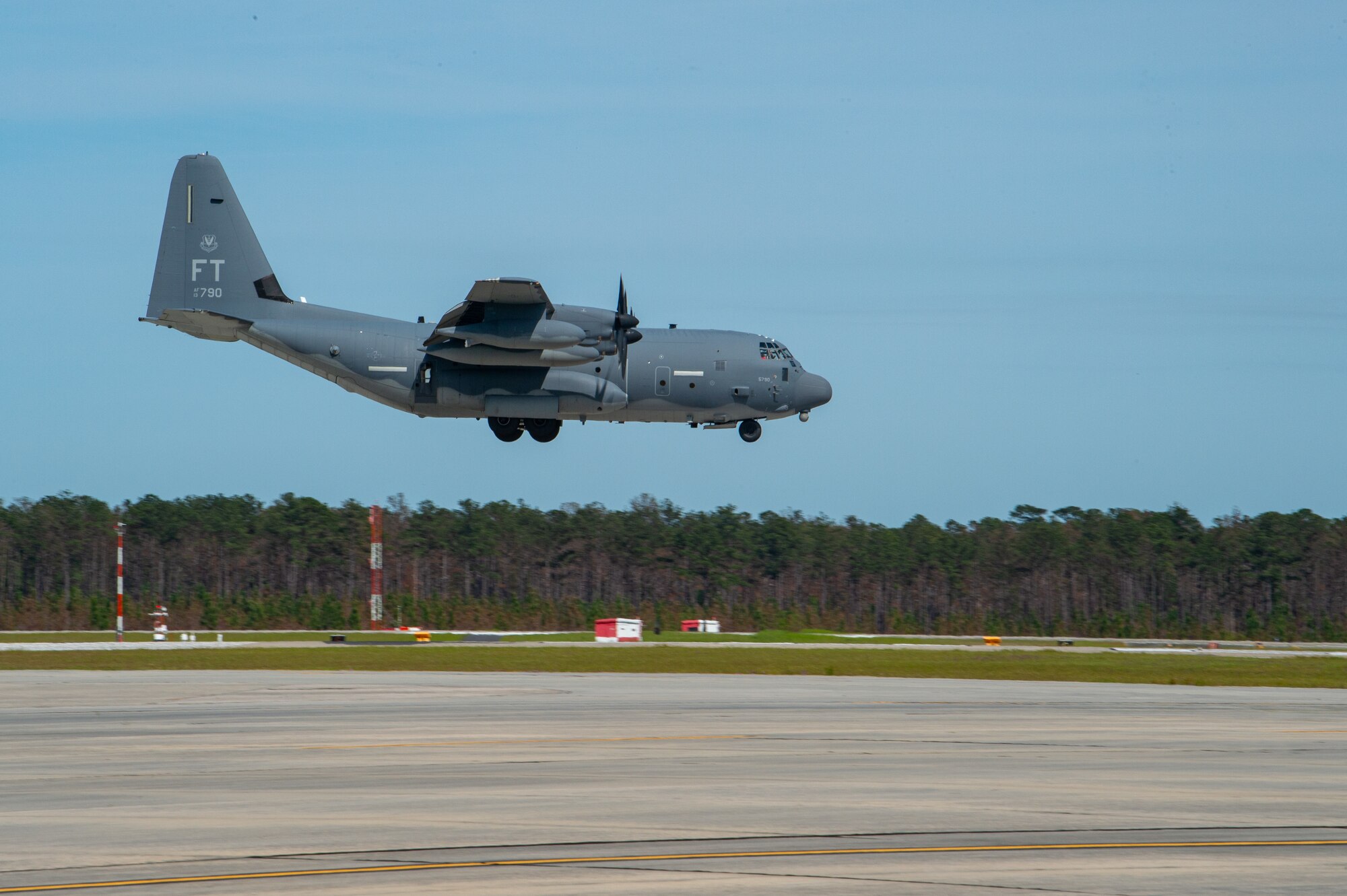 A U.S. Air Force HC-130J Combat King II assigned to the 71st Rescue Squadron prepares to land during Exercise Ready Tiger 24-1 at Moody Air Force Base, Georgia, April 8, 2024. The 71st Rescue Squadron assisted during the exercise as the main mode of transportation for equipment and personnel to various exercise locations throughout Georgia and Florida. During Ready Tiger 24-1, the 23rd Wing will be evaluated on the integration of Air Force Force Generation principles such as Agile Combat Employment, integrated combat turns, forward aerial refueling points, multi-capable Airmen, and combat search and rescue capabilities.
(U.S. Air Force photo by Airman 1st Class Iain Stanley)
