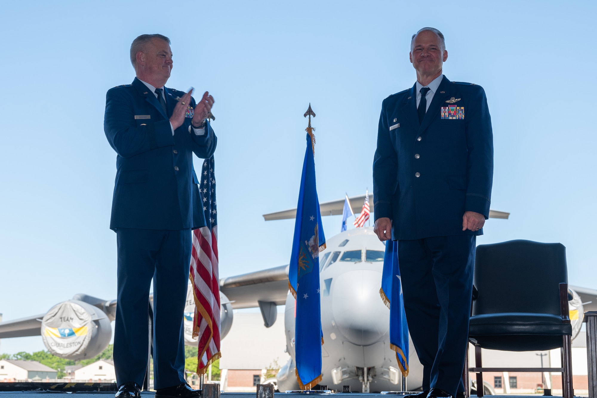 Col. Stephen Lanier (right) assumed command of the Air Force Reserve's 315th Airlift Wing during a ceremony at Joint Base Charleston, South Carolina, April 14, 2024. Maj. Gen. D. Scott Durham, Fourth Air Force commander, officiated the ceremony to welcome the new commander. (U.S. Air Force photo by Tech. Sgt. Della Creech)