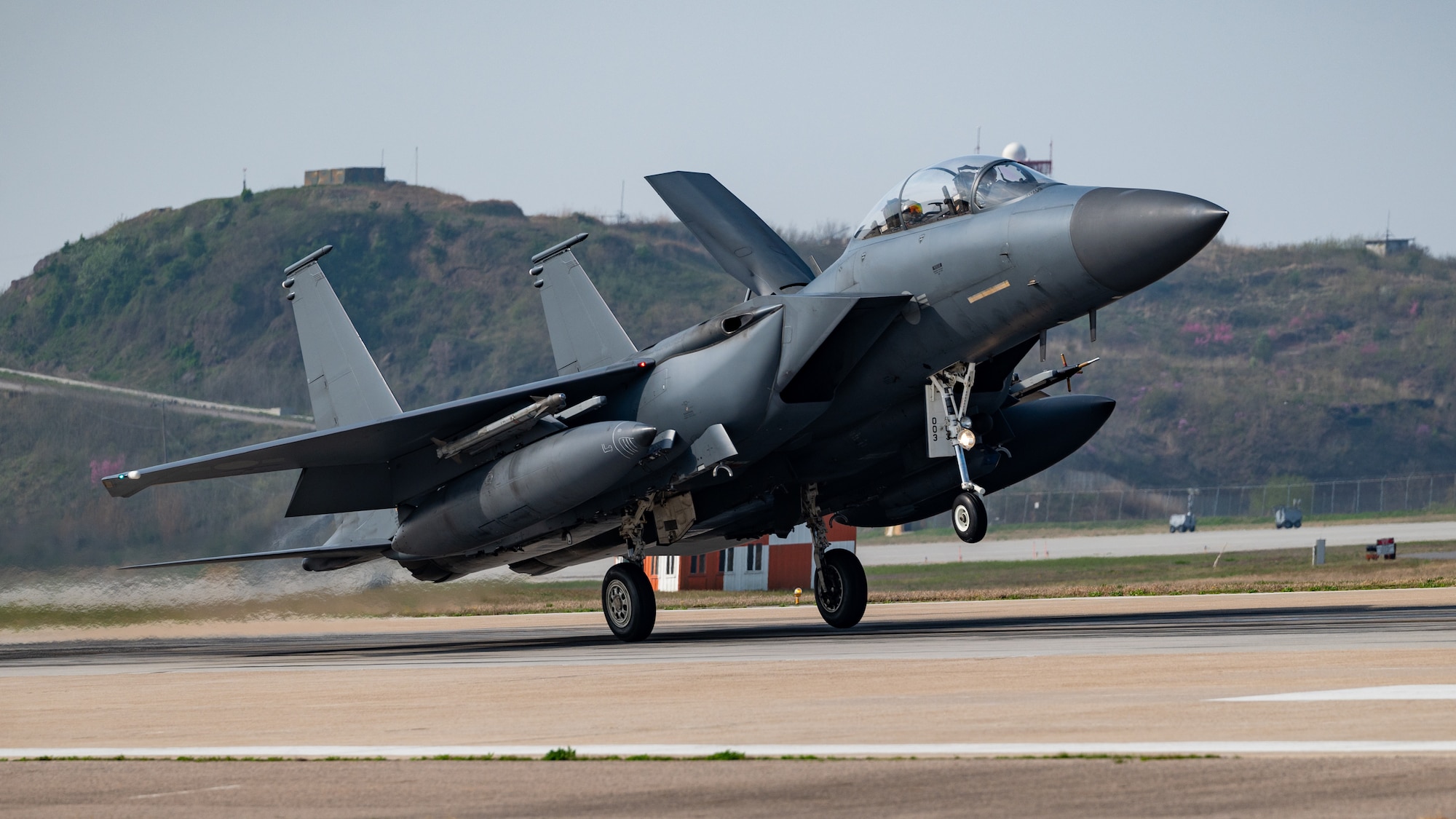 A Republic of Korea Air Force F-15K Slam Eagle arrives for Korea Flying Training 2024.